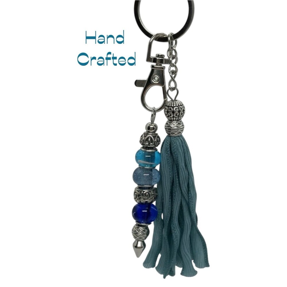Hand-Crafted Blue Silver Silk Tassel Beaded Purse Charm Keychain NWT